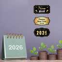 YUNKKIN Happy New Year Sign 2026 Black Gold New Years Wreath Door Sign Wooden Front Door Decorations Hanging Decor for Porch Wall Indoor Home Decor