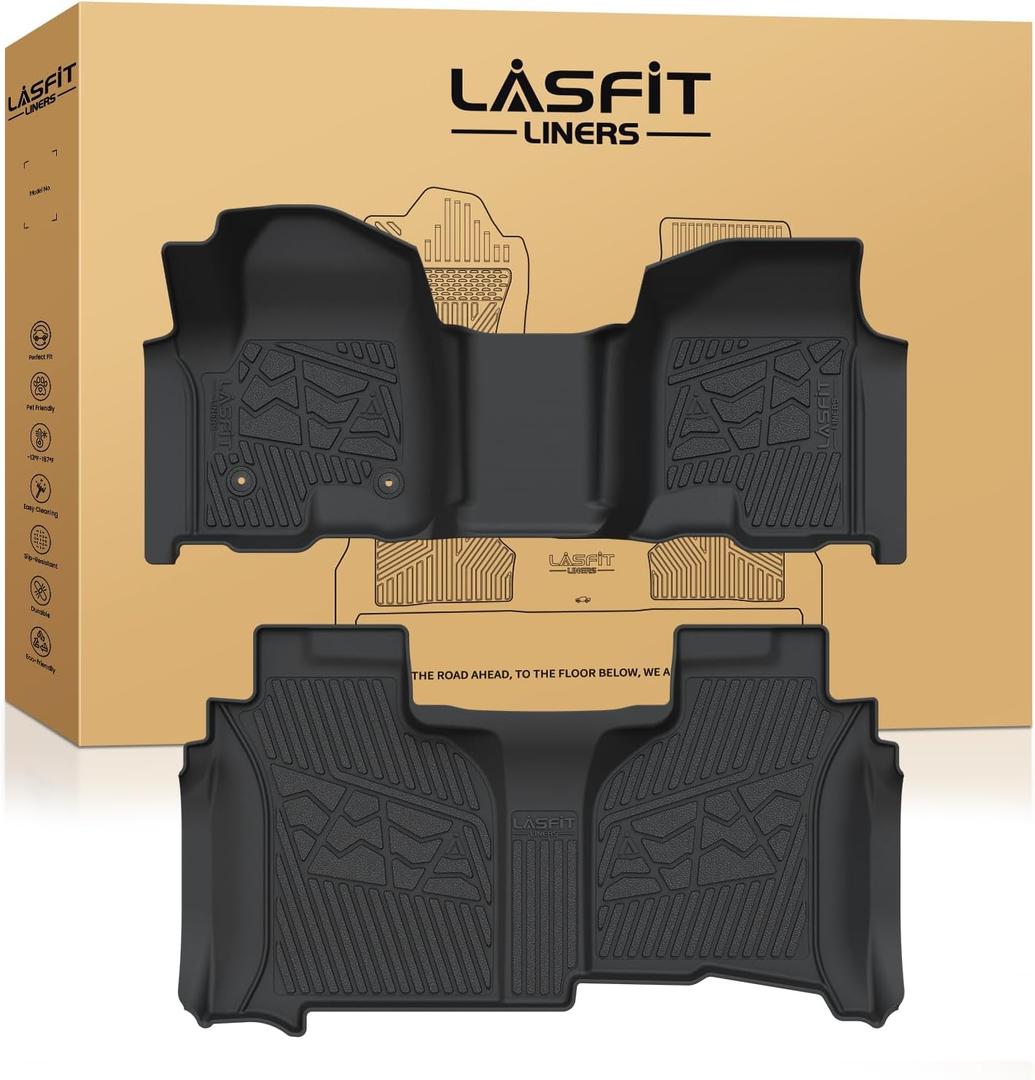 LASFIT Floor Mats 2019-2026 for Chevy Silverado/GMC Sierra 1500, 2020-2026 2500HD 3500HD, Double Cab/Bench Seat Only, Fit Without Rear Underseat Storage Box, All Weather TPE Custom Fit Floor Liners
