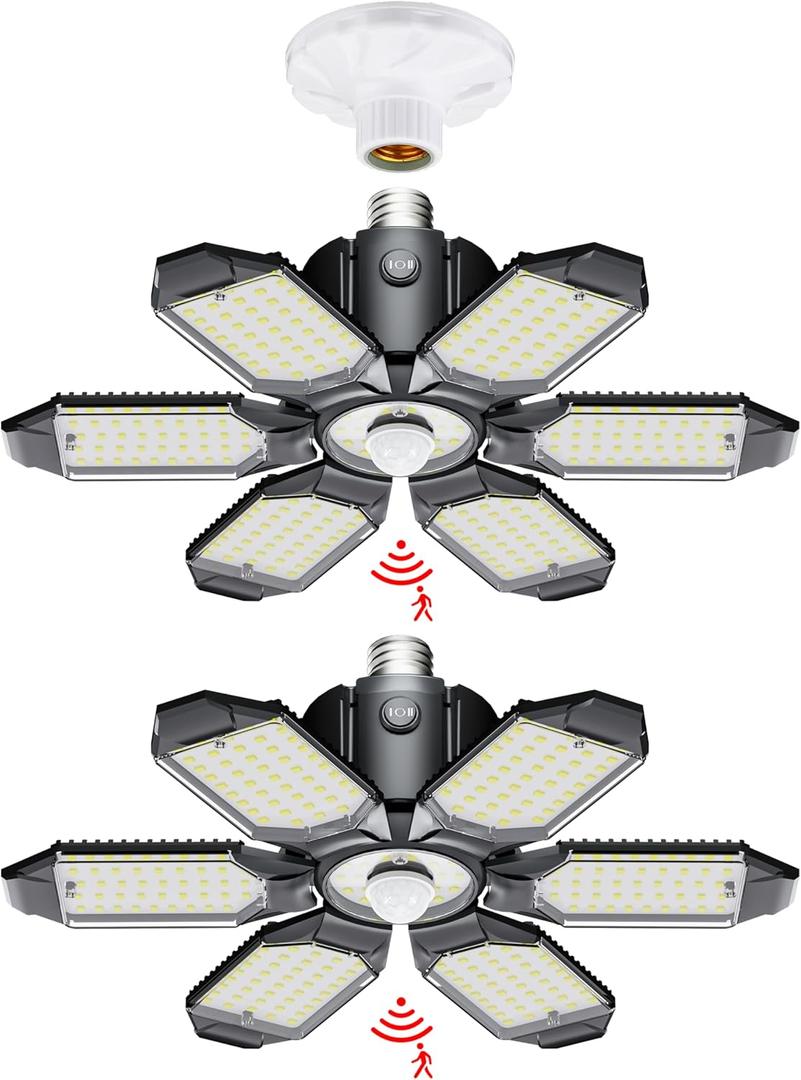 LED Garage Light Motion Sensor - 200W Deformable Garage Lights Ceiling LED, 20000LM Shop Lights Motion Activated, Motion Sensor Light Indoor for Garage, Workshop, Basement, Barn (2 Pack)