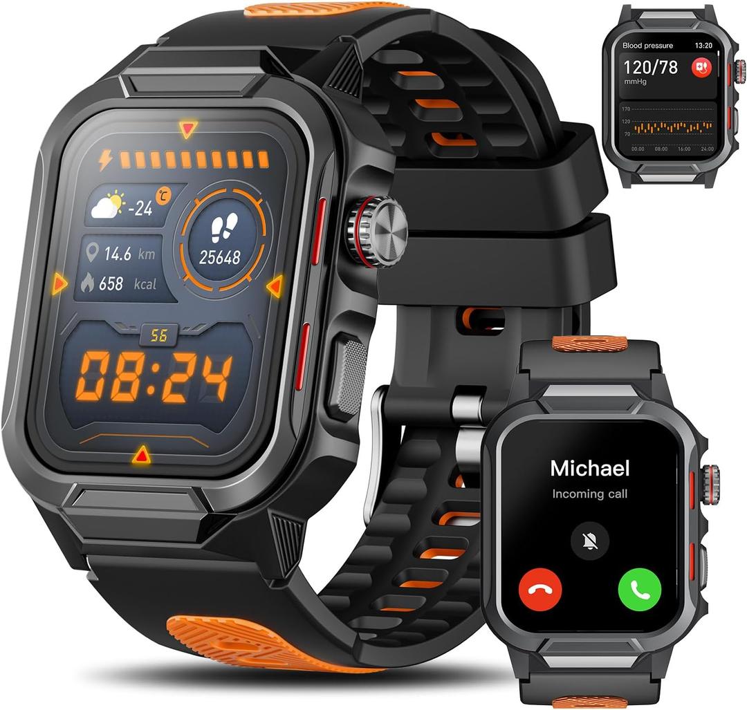 Smart Watches for Men (Answer/Make Calls), 1.96" Fitness Smart Watch with Heart Rate/Blood Oxygen/Sleep Monitor/100+ Sport Modes, 3ATM Waterproof Smartwatch Mens Watches for Android and iPhone (Black+Orange)