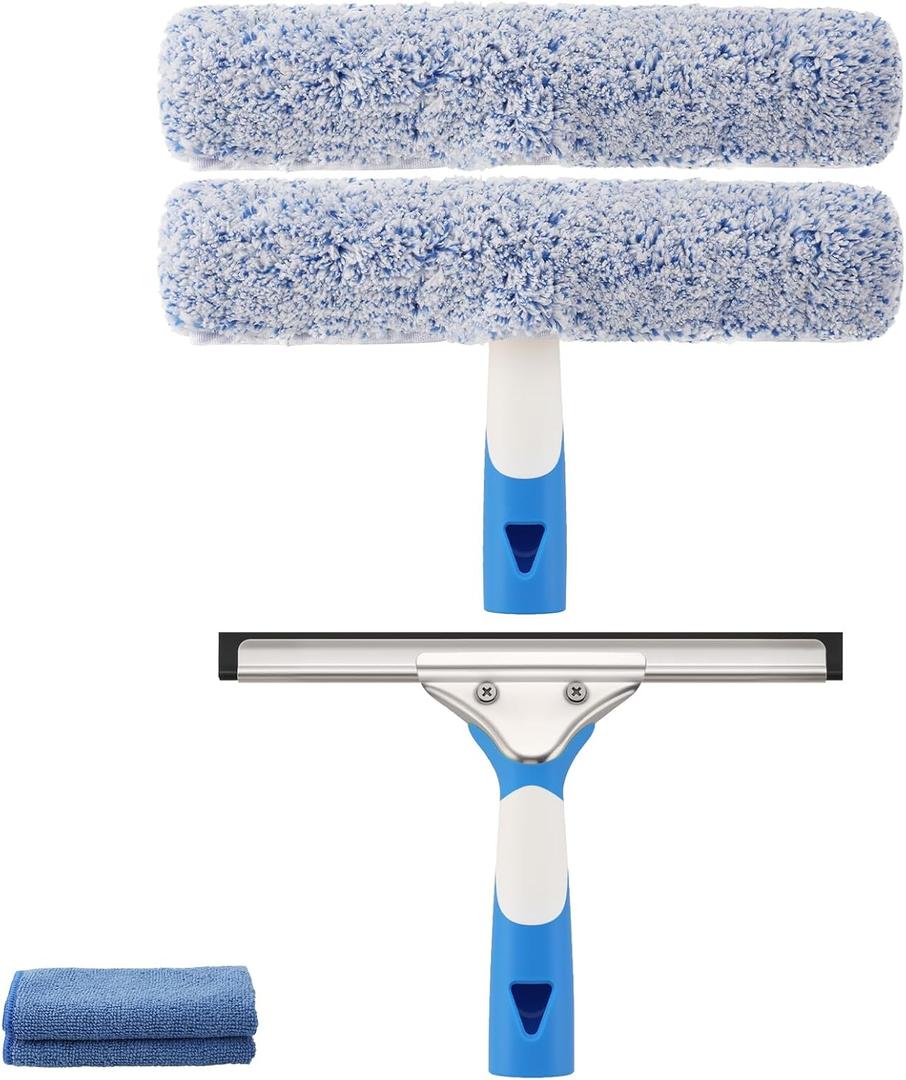 Professional Window Cleaning Kit 10IN, All-in-one Windows Cleaner Tool with Silicone Rubber Squeegee, Microfiber Scrubber & Cloth, Household Cleaning Supplies, Streak-Free Results