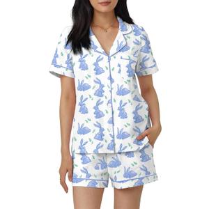 Women Easter Pajamas Set Cute Bunny Button Down Shirt and Shorts 2 Piece Pj Set Y2K Easter Outfits (Blue, M)