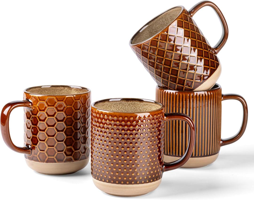 GBhome 12oz Coffee Mugs Set of 4, Handmade Stoneware Coffee Mugs Set with Large Handle for Cappuccino/Latte/Tea/Hot Cocoa, Dishwasher & Microwave Safe, Caramel
