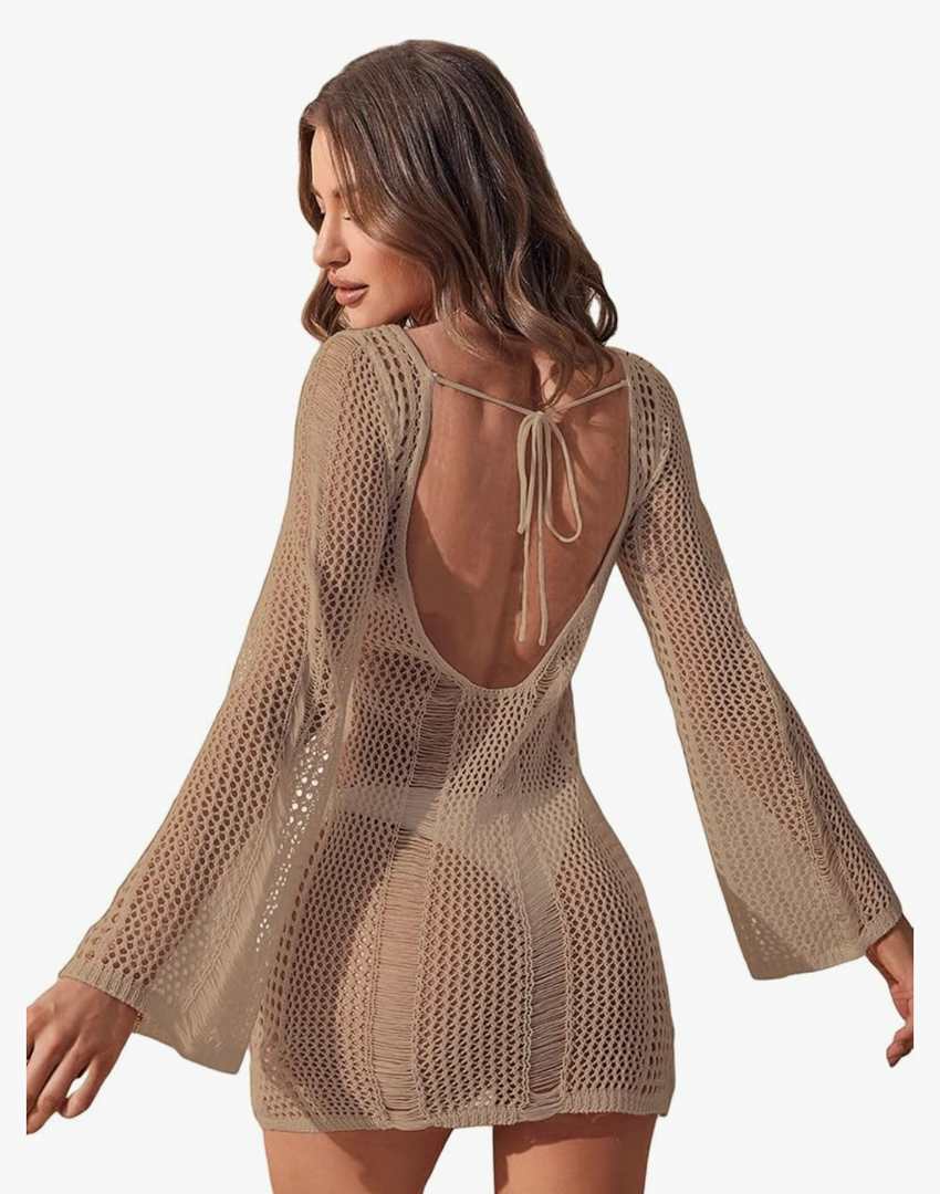 Floerns Women's Crochet Cover Up Long Sleeve Hollow Out Bikini Swimsuit Beach Cover Up Swimwear ,Large