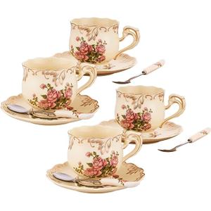 CHILDIKE Tea Cups and Saucers Set of 4, 8 Oz Ivory Rose Floral Porcelain Teacup and Saucer Set with Gold Trim, Vintage Tea Cups with Spoon, European Style (Pink Rose)