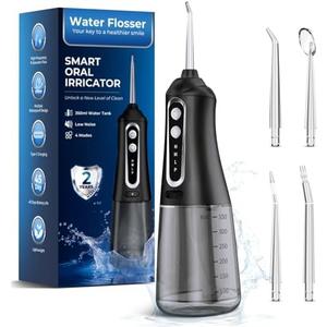Water Flosser for Teeth Cleaning Pick: Portable Cordless Oral Irrigator350ML,4 Modes 4 nozzles,IPX7 Waterproof Rechargeable Design–Perfect for Travel and Daily Deep Cleaning Gum Care at Home (Black)
