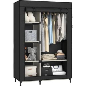 Buzowruil Canvas Wardrobe Portable Closet Wardrobe Clothes Storage with 6 Shelves and Hanging Rail,Non-Woven Fabric, Quick and Easy Assembly,Black (43in)