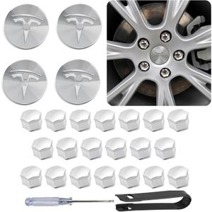 Wheel Cap Kit for Tesla Model Y/Model 3, for 19 Wheels only, 4 Hub Center Caps + 20 Lug Nut Covers + Puller and Screwdriver for Uninstalling, Silver