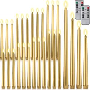 Rossesay 28 Pcs Flameless Taper Candles with Timer Remote 4 Sizes of 8.5", 9.6", 10.83", 12.8" LED Flickering Taper Candles Battery Operated for Valentine's Day Church Wedding Home Decor(Gold)