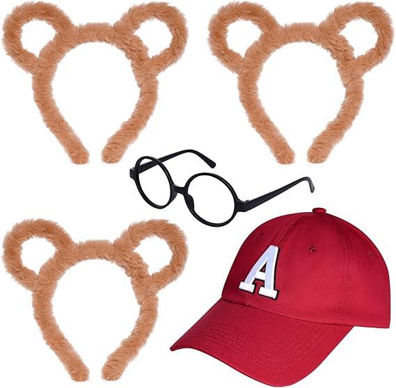 Yolyoo 5 Pieces Chipmunks Costumes Set Include 1 Red hat, 3 Chipmunk Ears Headband and 1 Black Round Glasses Frame for Halloween Party Animal Costume Accessories