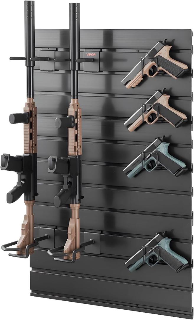 VEVORHeavy Duty Steel, Indoor Rifle Shotgun Rack with J-Hooks, Additional Tray Storage, Gun Accessories Display Storage Holder, Hold Up to 3 Rifles or Shotguns, for Tactical Gear