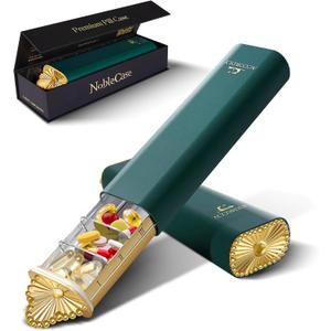 Premium Weekly Pill Organizer, 7-Day Compact Pill Case for Purse, Lightweight Gold Aluminum Pill Box for Vitamins, Medicine, Supplements, Luxury Wellness Gift (Emerald Royale (Green))