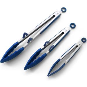 Silicone Kitchen Tongs, 3Pcs Tongs for Cooking with Silicone Tips, Food Grade Small Serving Tong for BBQ Salad, Blue(7"+9"+12")