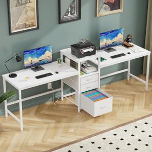 93'' Two Person Desk with Charging Station, Long Desk with 3 Drawers and Printer Shelf, Double Computer Desk, Fabric Drawers, 2 Person Writing Study Table Workstation for Home Office, White