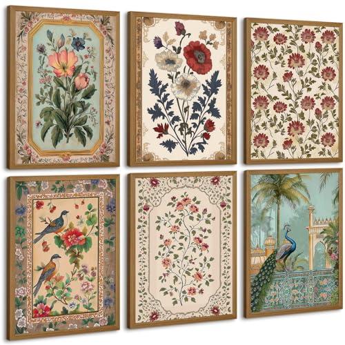 Indian Wall Art Vintage Floral Canvas Poster India Wall Decor Folk Flower Prints Scandinavian Pictures Antique Botanical Painting Gallery Artwork for Bedroom Living Room 8x10x6 Inch Wood Framed