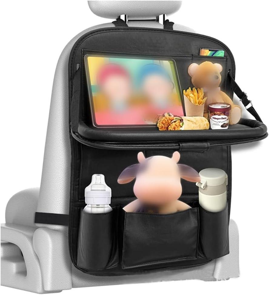 Car Backseat Organizer with Tablet Holder, 9 Storage Pockets PU Leather Foldable Table Tray Seat Back Protectors, Car Seat Back Protectors Kick Mats Car Accessories (Black)