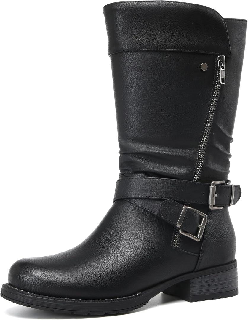 DECARSDZ Women's Mid-Calf Boots Fall Low Heel Fashion Ladies Combat Motorcycle Boots (7, Black)