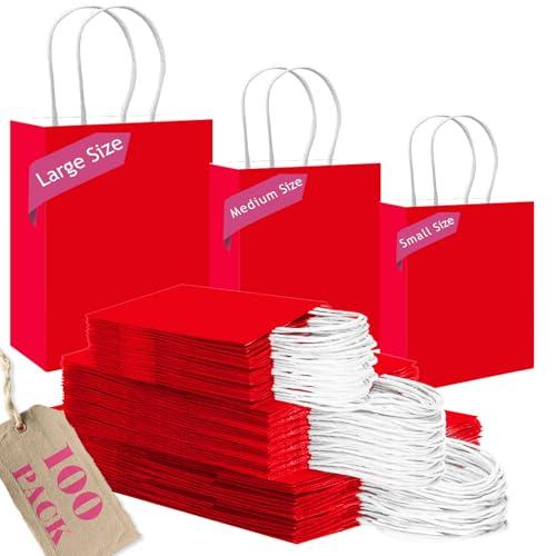 qiqee 100PCS Gift Bag with Handles Bulk Red Paper Bags Assorted Sizes(33pcs Large 13",33pcs Medium 11",34pcs Small 8")
