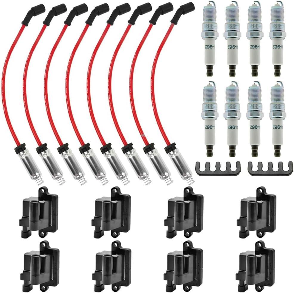 UF-271 Set of 8 12556893 Square Ignition Coil & 41-962 8 pcs Spark Plug and Red Wire Set Compatible with Chevrolet Avalanche Silverado Suburban GMC Hummer H2 Savana 1500 2500 3500 Sierra 41962