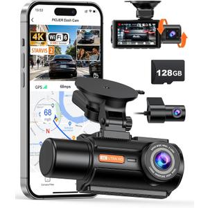 3 Channel 4K Dash Cam with STARVIS 2 Sensor, Free 128GB Card and WiFi 6 up to 20MB/s, Dash Camera for Cars with Front Rear Inside, 4K 2K 1080P, IR Night Vision, GPS, 24H Parking Mode, G-Sensor