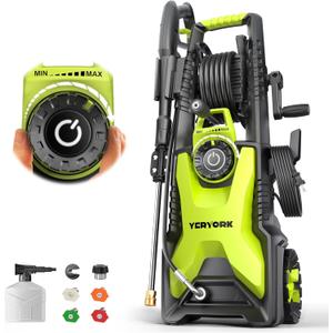 Pressure Washer, Adjustable PSI 2.5 Max GPM, Power Washer with 33 FT Hose Reel, Steel Wand, 500ml Foam Cannon, 4-Nozzle Set, Electric Pressure Washer for Cars, Fences, Patios