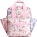 Itzy Ritzy Toddler Backpack - Daycare Bag - Features Adjustable Shoulder Straps, 2 Side Pockets & Spacious Interior with Wipeable Fabric Lining & Name Label, Ribbons & Roses Backpack (Small)