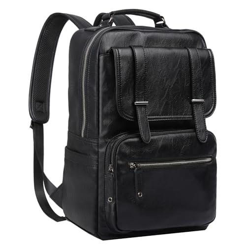 MOYYI Black Leather Backpack for Men Waterproof Fit 15.6 inch Laptop Backpack Work Commute Casual Daypack