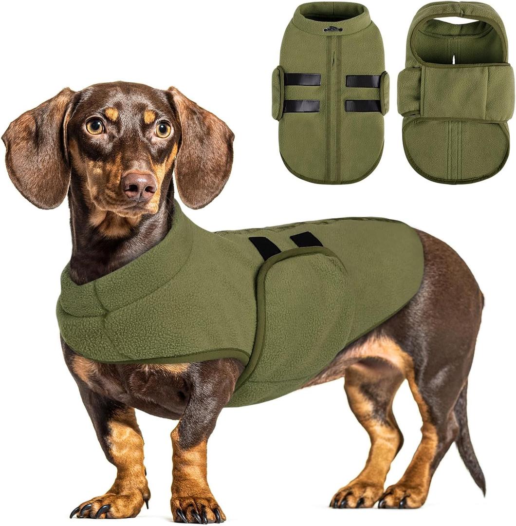 Queenmore Small Dog Sweaters, Soft Fleece Vest Pullover Dog Jacket with Leash Hole, Warm Winter Dogs Clothes Cold Weather Doggy Dachshund Sweater for Dogs Cats Boy or Girl (Army Green, XS)