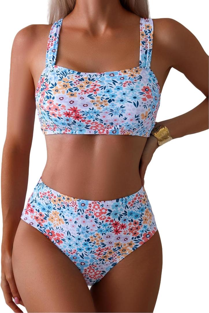 Tainehs High Waist Bathing Suit for Women Floral Print Wide Straps Swimsuit Two Piece Bikini Sets (Small, Blue&Pink Floral)