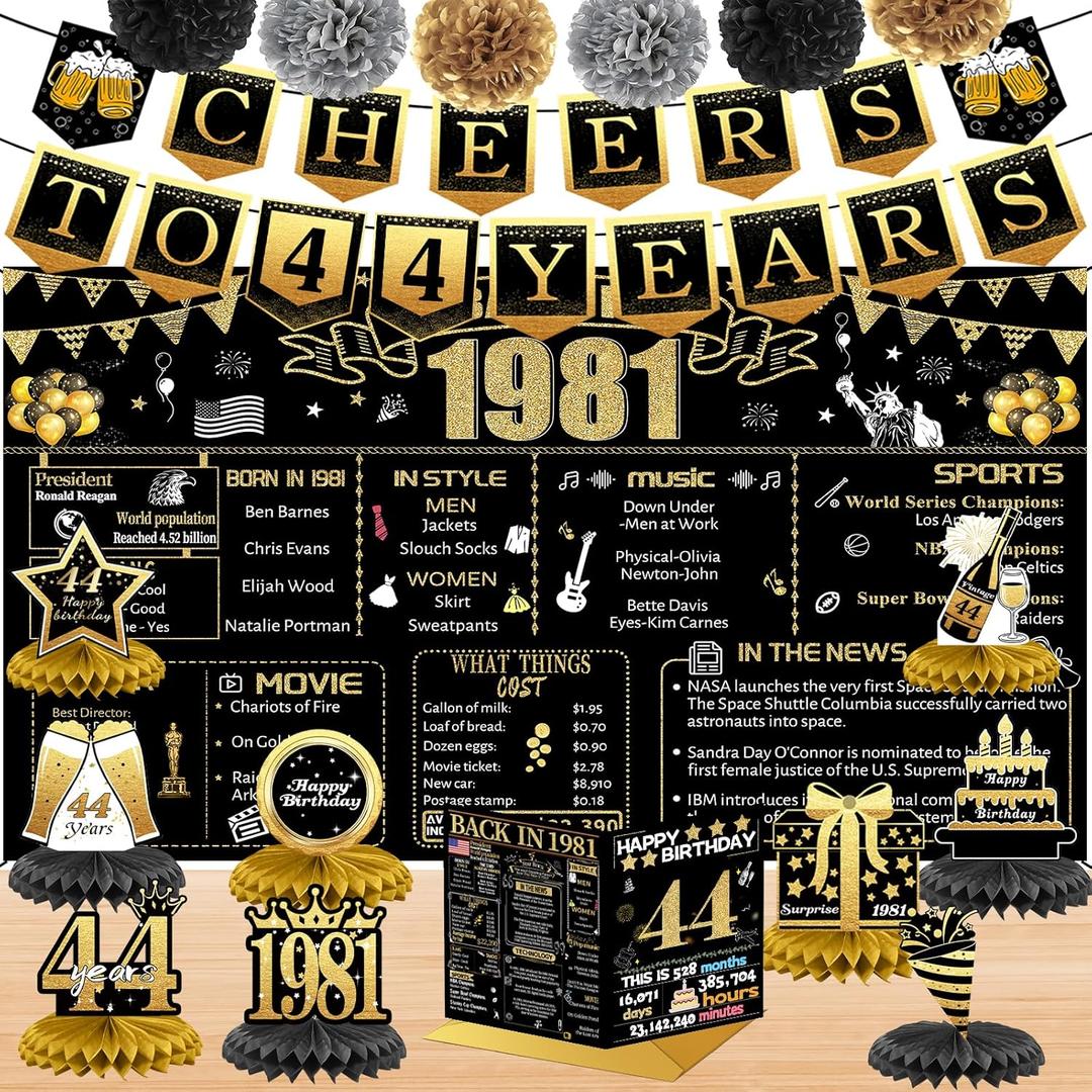 44th Birthday Decorations for Women Men, 18PCS Black Gold Back in 1981 Banner Decorations, Bday Backdrop, 44 Year Old Banner for Her Him, Birthday Card, 6 Paper Poms 9 Honeycomb Balls