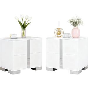 Modern White Nightstand Set of 2 for Bedroom, Elegant 2 Drawer Nightstand with Silver Mirrored Handle and Base, Wood End Table Sofa Side Table for Living Room Bedroom (White)