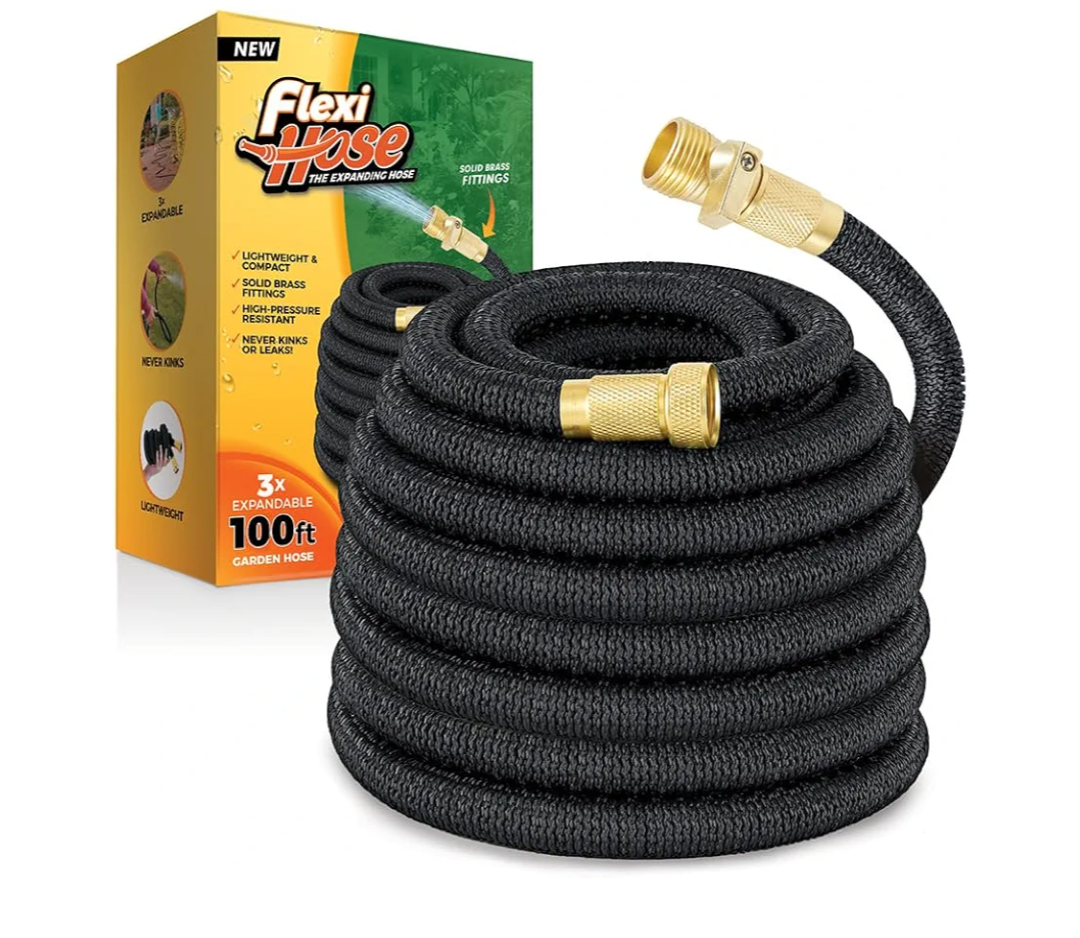 Flexi Hose Lightweight Expandable Garden Hose, 100FT -Retractable Garden Hose, Water Hose - No-Kink Flexibility, 3/4 Inch Solid Brass Fittings and Double Latex Core