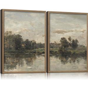 2Pcs Framed Canvas Wall Art Countryside Artwork Prints Landscape Posters Gallery Retro Classic Nature Pictures Home Decor Living Room Bedroom Office Farmhouse 16X24 Inch Ready to Hang, 16L" x 24W"