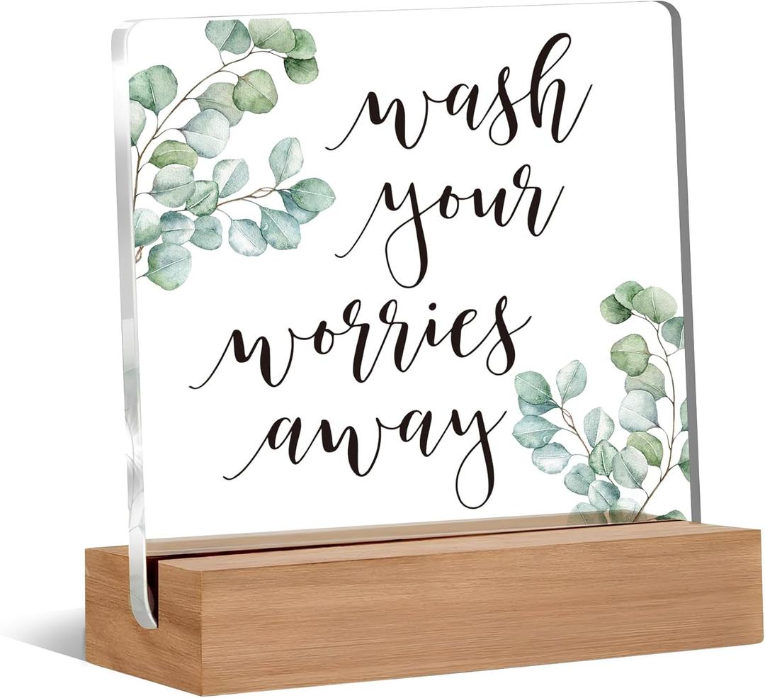 Funny Bathroom Signs, Wash Your Worries Away Funny Bathroom Acrylic Plaque Sign for Guest Restroom Laundry Room Desk Tabletop Decor, 4x4 Inch