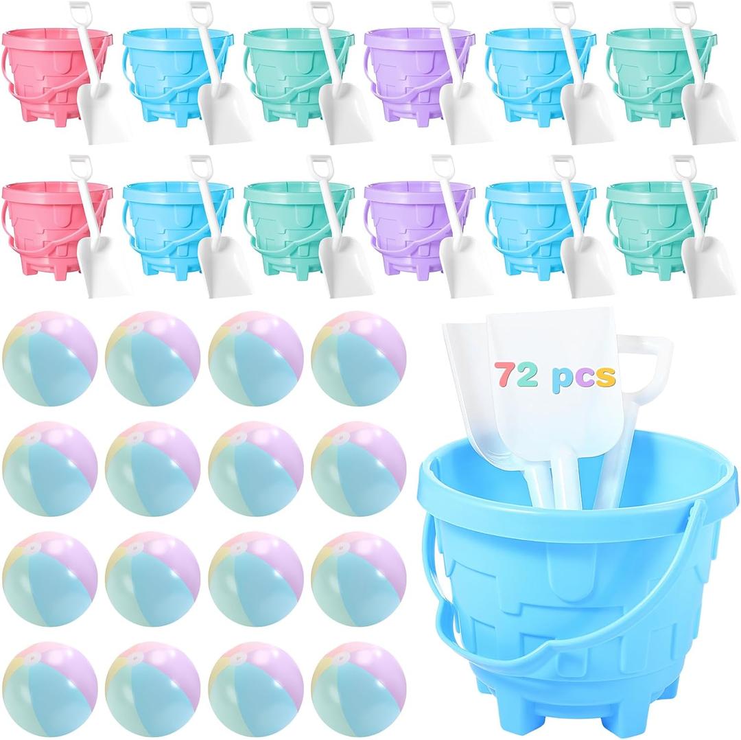 Lunmon 72 Pcs Beach Toys for Kids 24 Set Sand Buckets Shovels Bulk Pastel Beach Balls Inflatable Sand Toys for Girls Boys Toddlers Games Birthday Summer Pool Party Favor (Macaron, Castle)