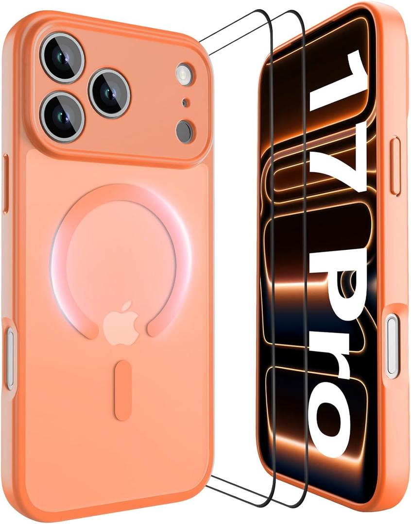 YFEMLAZ Magnetic for iPhone 17 Pro Case, with Screen Protectors X2,Full Camera Protection, Compatible with MagSafe, Translucent Matte, Anti-Fingerprint Shockproof Protective Phone Case,6.3",Orange