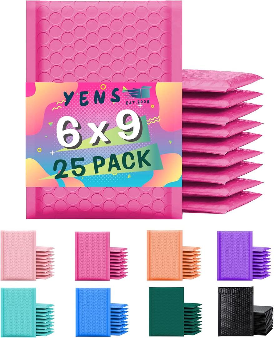 Yens Poly Bubble Mailers 6x10 25 Pack Hot Pink Waterproof Self Seal Adhesive Shipping Bags, Cushioning Padded Envelopes for Shipping, Mailing, Packaging Usable 6x9