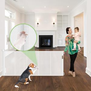 Reinforced 96" Wide Retractable Baby Gates Extra Wide Dog Gate with Support Rods - Prevent Crawling Under, Retractable Dog Gate Indoor Outdoor Retractable Gate Wide Baby Gates for Large Openings, White