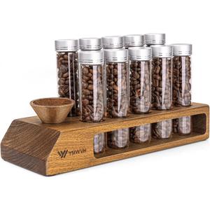 Single Dose Coffee Bean Storage Tubes 12 Pcs Coffee Bean Cellar Container Dosing Glass Vials,2oz Glass Jars With Lids, 2 Layers Sapele Display Stand And Wooden Funnel(Large)