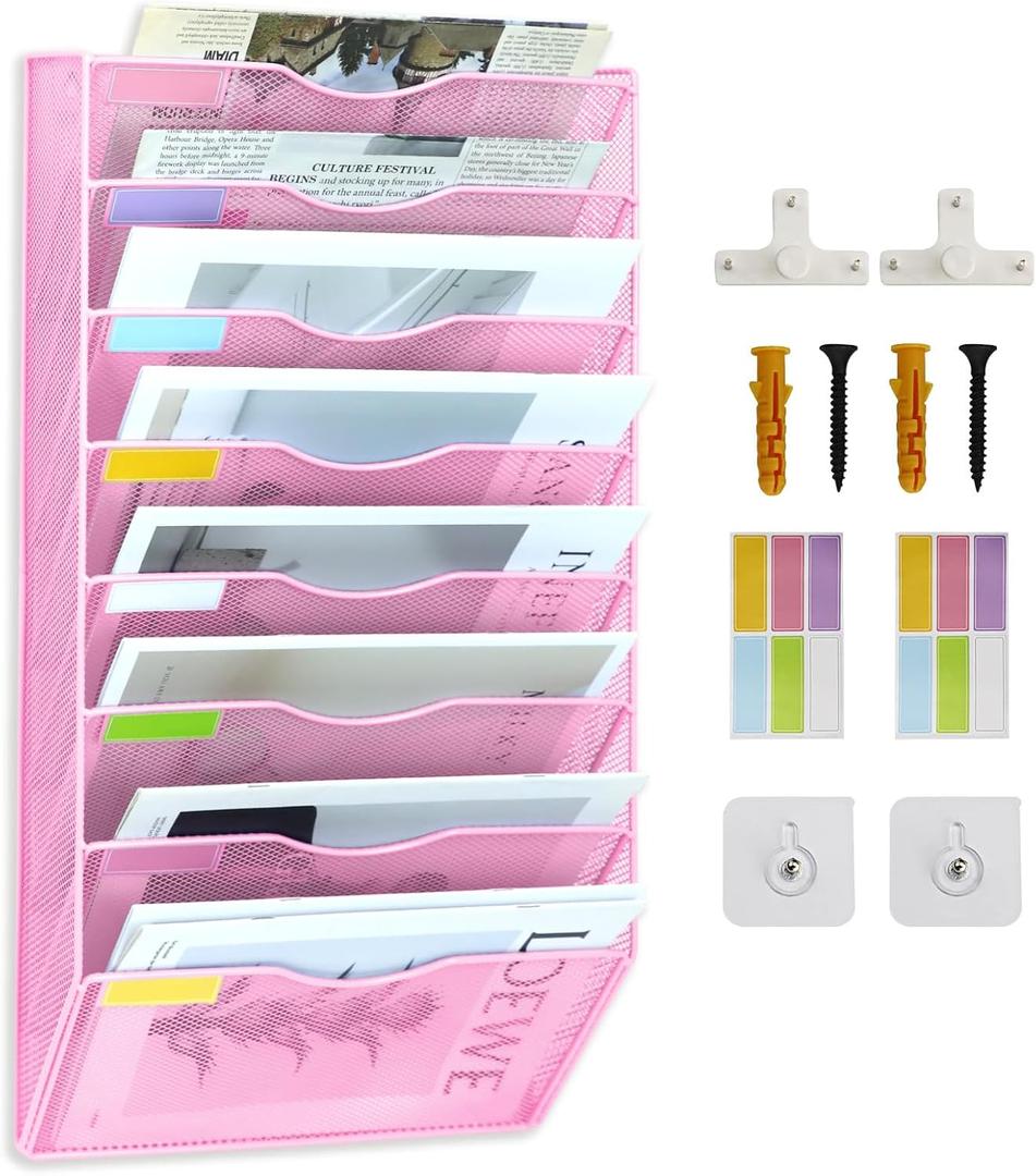 8 Pockets Mesh Wall File Holder Organizer Office Hanging File Folder Magazine Rack, Nametag Label Hooks Set Included (Pink)
