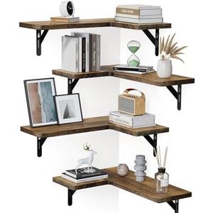 Amada HOMEFURNISHING Corner Floating Shelves, Set of 4 Corner Wall Shelves, Shelves for Wall Decor, Corner Wood Shelves for Home Decor, Office, Bedroom, Bathroom, Laundry Room, Kitchen, Brown