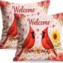 18x18 Inch Set of 2 Valentines Pillow Covers Welcome Red Birds Heart Floral Throw Pillow Covers for Valentines Day Bedroom Sofa Romantic Holiday Home Decor Gift