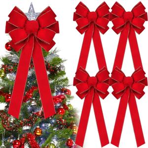 Yinkin 4 Pcs Extra Large Christmas Bows 15'' x 44'' Velvet Christmas Tree Topper Bows Holiday Vintage Handmade Wreath Ornament for Gift Wrapping Xmas Outdoor Indoor Decor(Red,Classic Style)