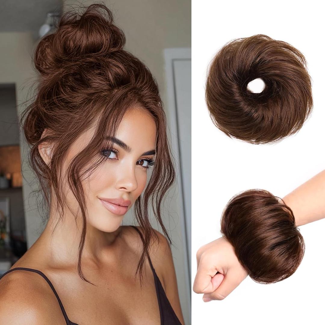 Messy Bun Hair Pieces for Updos 100% Real Human Chignons Scrunchies Hair Buns Stretchy Fluffy Faux Buns Wig Hairpiece Elastic Band Hairbun Donut Hair Bun Extensions for Women Chestnut Brown