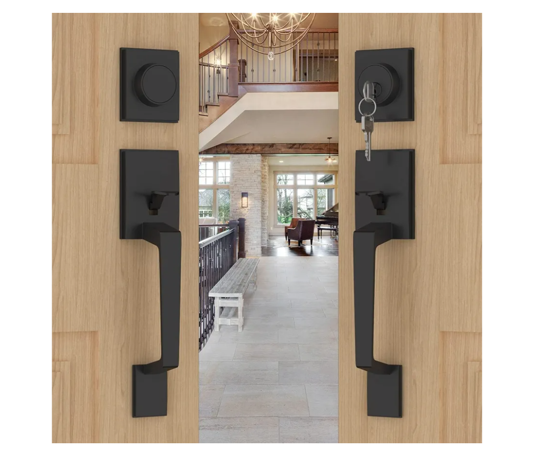 Goldenwarm Double Front Door Lock Set, Black Double Door Handle Set, Matte Black Double Door Handle with Dummy, Modern Double Front Door Hardware Set with Reversible Handle Lever