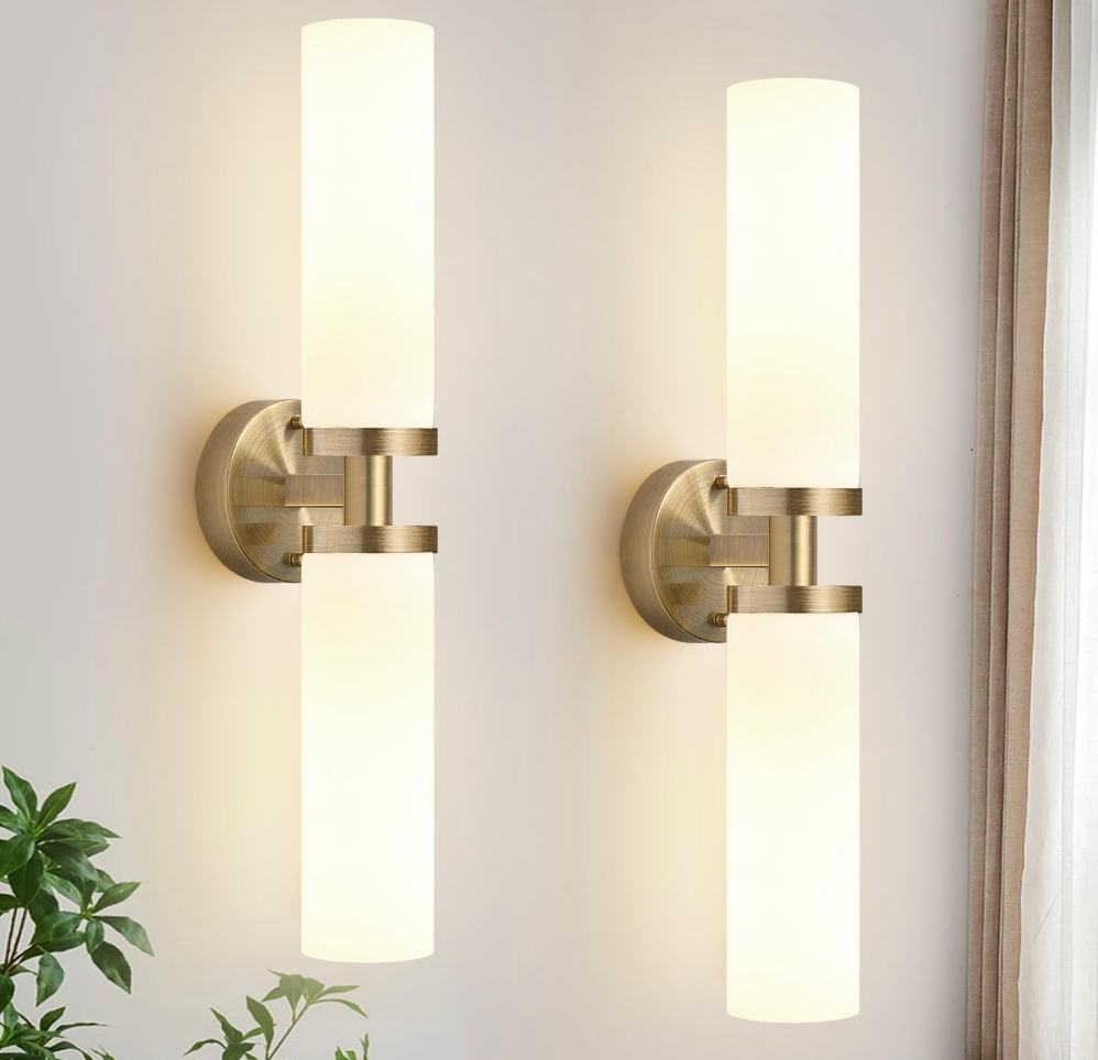Indoi Wall Sconces Set of Two, Brass Bathroom Sconces Wall Lighting with Milky White Glass, Modern Sconces Wall Decor Set of 2 Bathroom Light fixtures for Mirror Living Room Hallway Bedroom