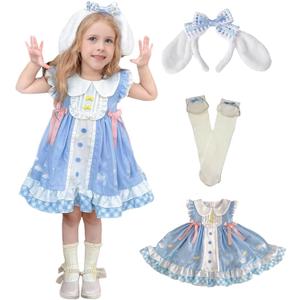 Girls Dress Cute Ruffle Sleeve Casual Dresses with Headband and Socks Halloween Birthday Party Outfits (9-10 Years, Blue)