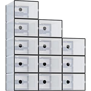 DUMOS Shoe Storage Boxes, 12-Pack Stackable Clear Shoe Containers with Lids, Display Sneaker Case Organizer for Closet, Under Bed, Entryway, Black, Fit Size 11.