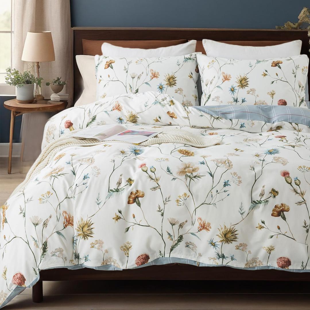 Zusbest Vintage Printed Duvet Cover Set Queen Size 100% Cotton Floral Bedding Wildflower Botanical Pattern Comforter Cover Brown Beige Reversible Bed Cover Crisp Soft All Season 3Pcs, Queen (Meadow Whispers)