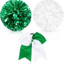 Set of 3 12 Inch Cheerleading Pom Poms and Large Cheerleader Ponytail Bow Holder for Girl Large Metallic Cheerleader Pom Poms for Sports Team Cheering (Green and White)